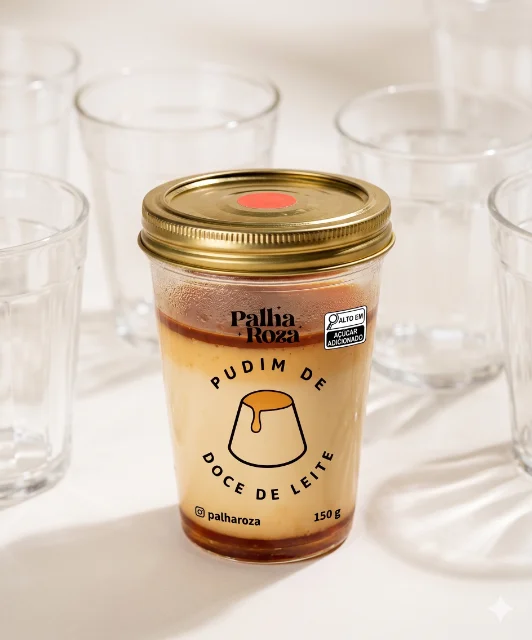 Foto de produto do pudim Palha Roza em pote de vidro, com a identidade da marca na embalagem